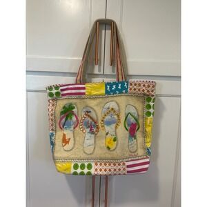 Sandy Clough Beach Tote Bag Flip Flops Coastal Patchwork Canvas Beaded Large